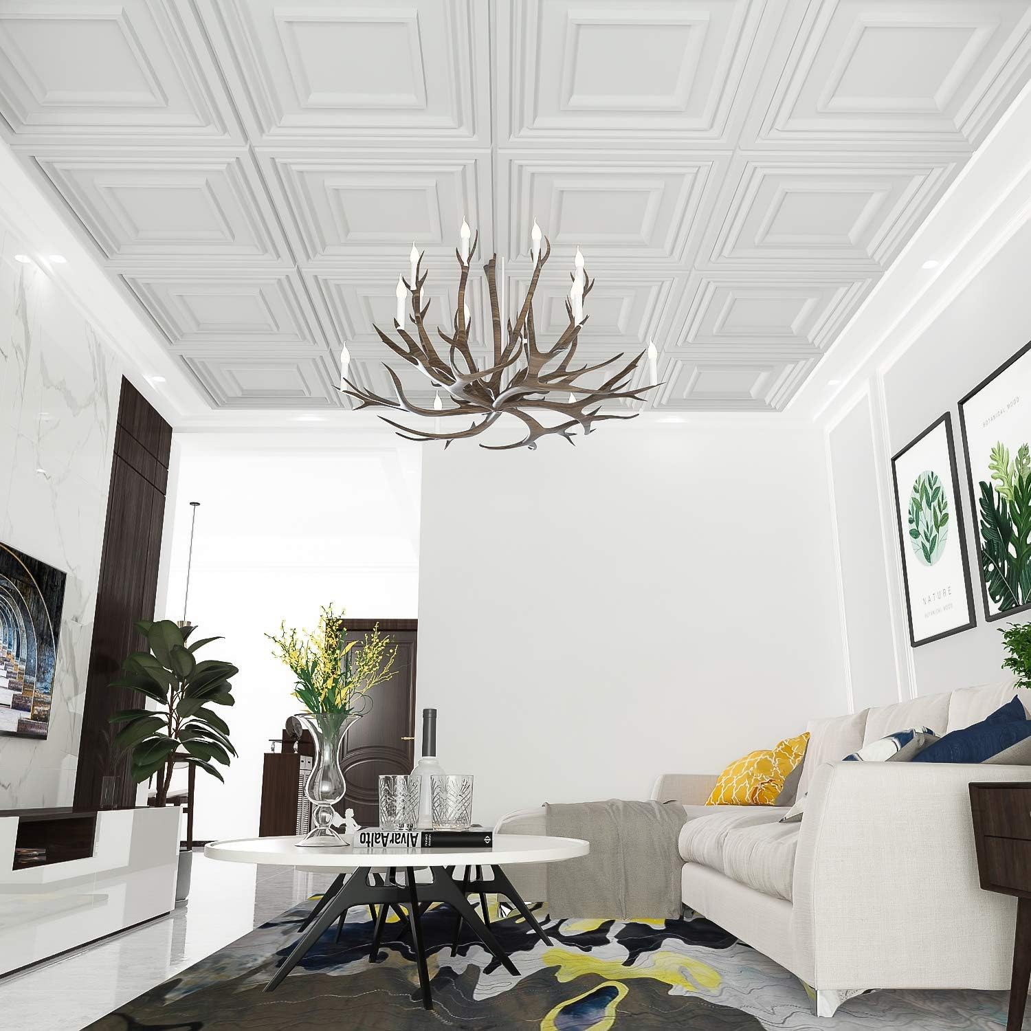 Paneles PVC para Pared y Techos, azulejos de pared texturizados, panel de pared 3d, 10 piezas, 50 x 50 cm, panel de techo de PVC blanco, impermeable, lavable y resistente al fuego(Color:C)