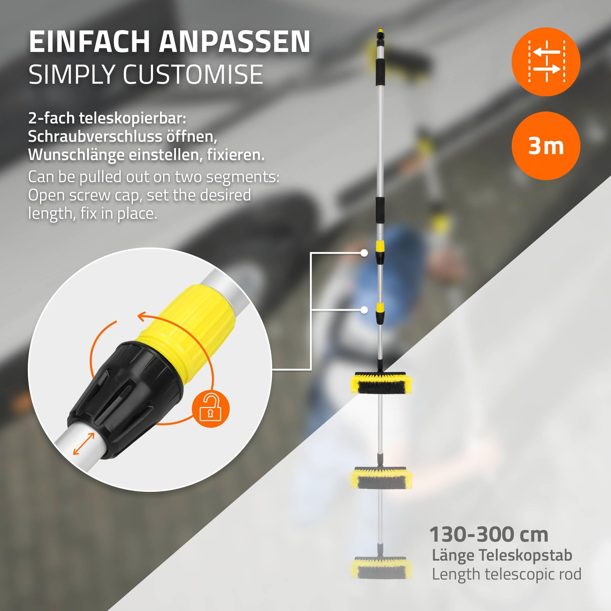 ECD Germany Spazzola di Lavaggio Telescopica per Auto Morbida - Allungabile 130-300 cm - Idrospazzola Autolavaggio Spazzolone Pulizia Cura per Auto Camper Camion SUV con Interrutore ON/OFF Acqua