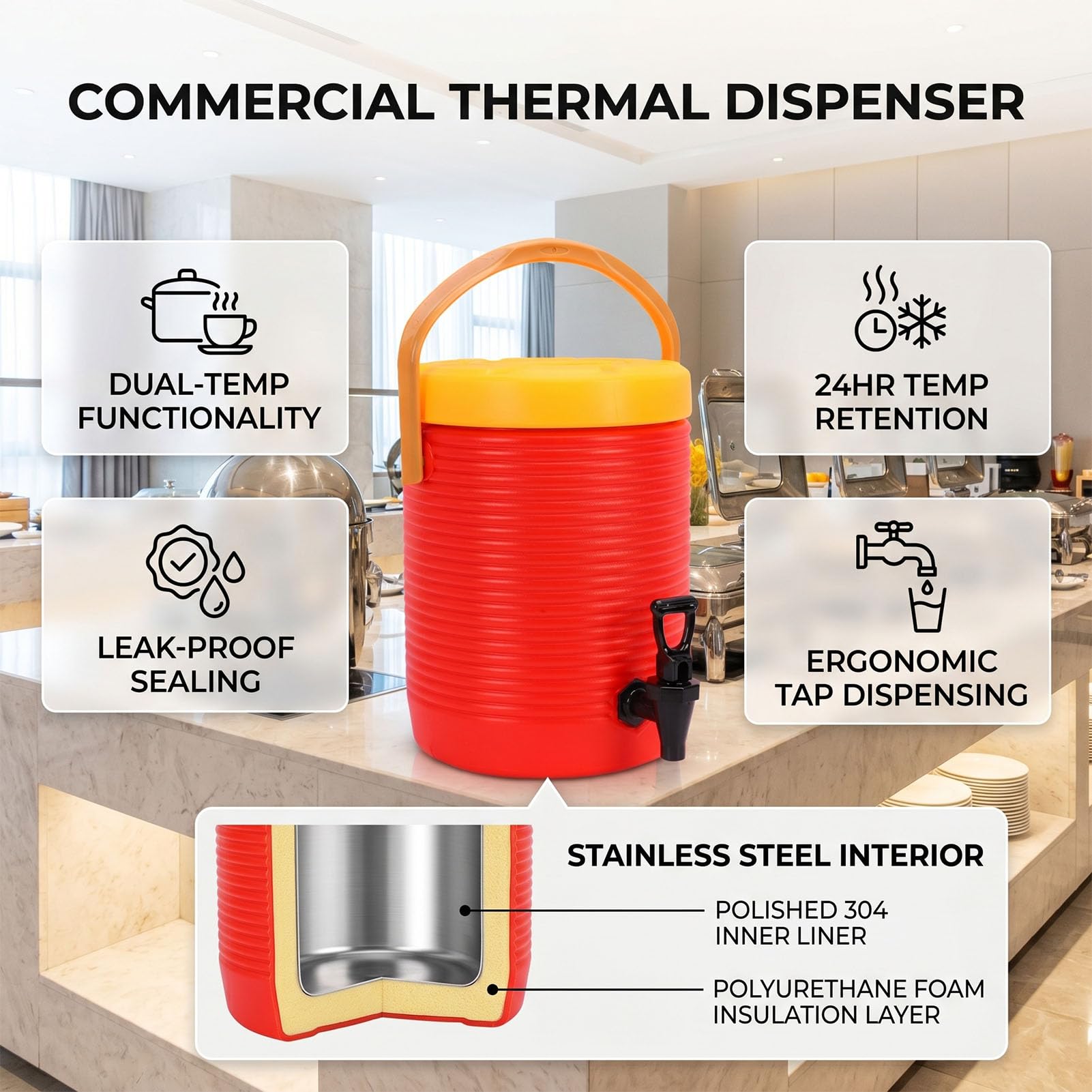 Distributeur de Boissons isolé en Acier Inoxydable 304, 9L avec Robinet pour Boissons Chaudes et Froides