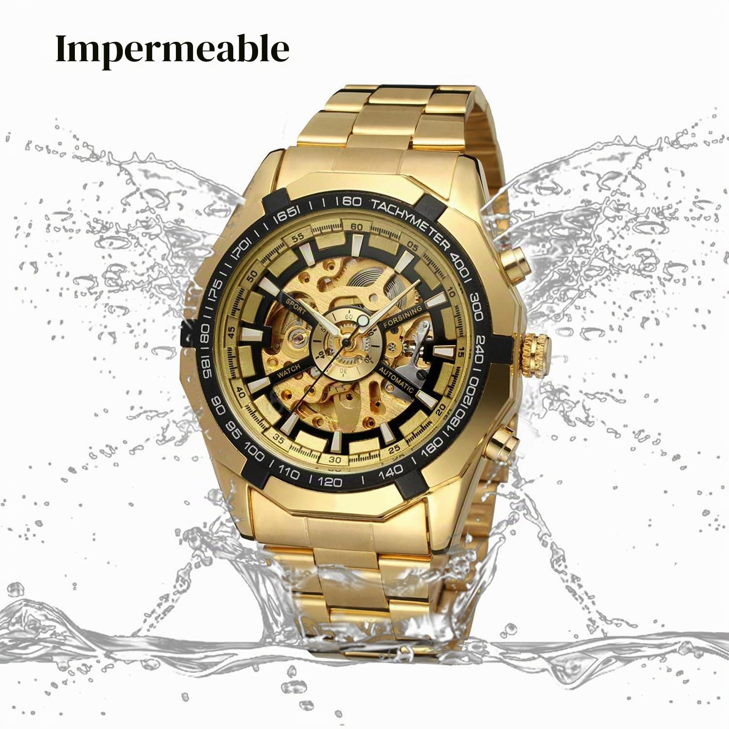 GuTe Reloj de pulsera mecánico automático, dial con diseño de X y mecanismo visible, color dorado y negro