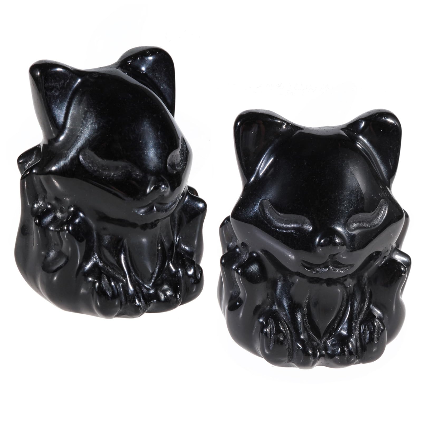Nupuyai 2pcs Fox Mini Black Obsidian Crystal Stone Statue Carved Animal Figure