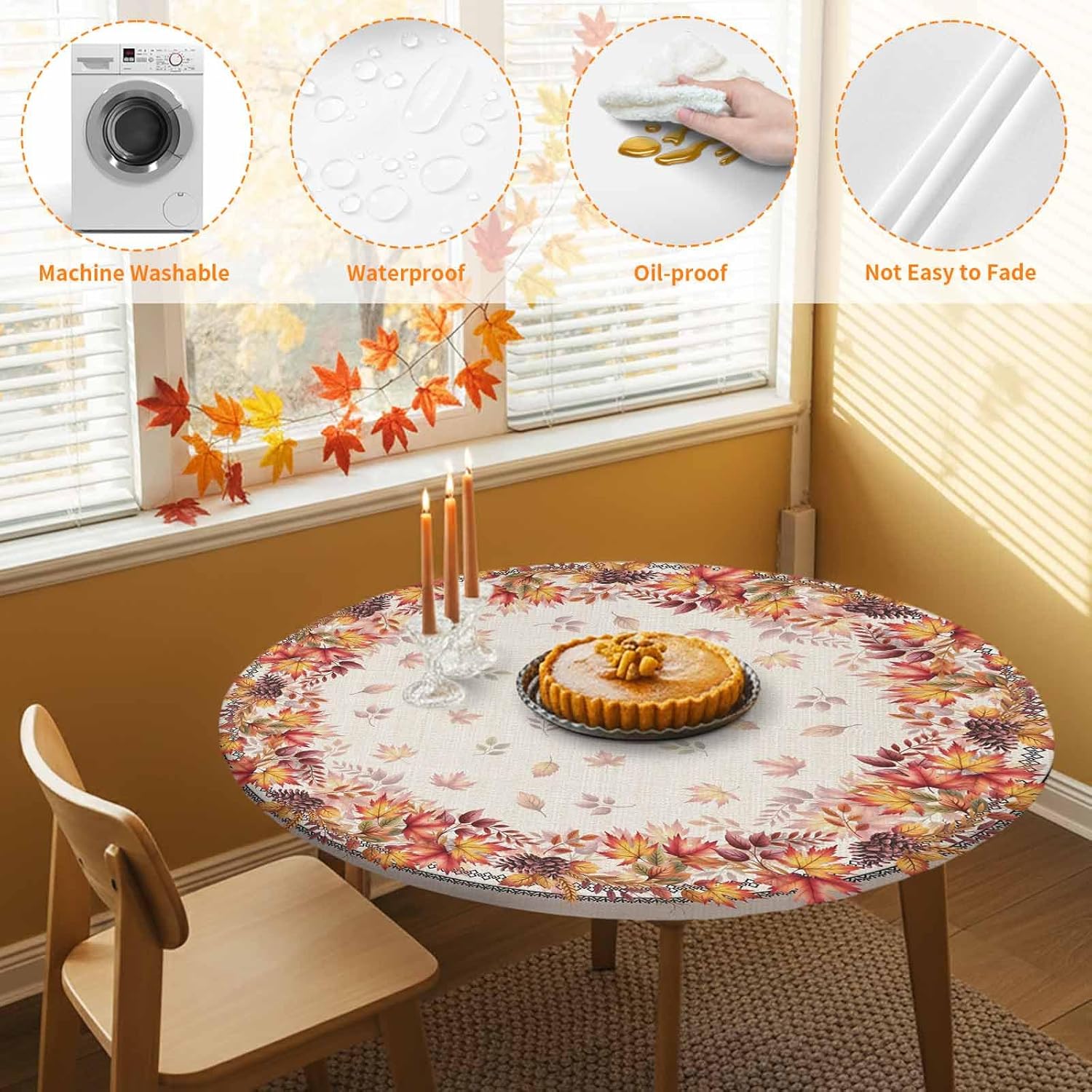 Elastic Edged Waterproof Tablecloth Fall Fit Round Tablecloths Maple Leaves Wipeable Picnic Table Cover for Thanksgiving Dinner Holiday Autumn Patio Fitted Table Cover up to 36"- 44" Round Tables