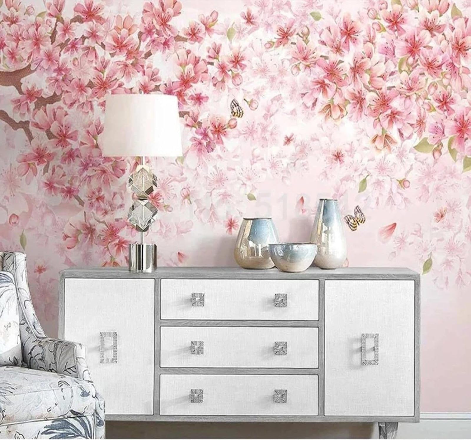 XLMING Romantic Rustic Butterflies Pink Floral 3D Wallpaper Silky Texture Home Study Office Grey Dining Room Sofa Bedroom Living Room TV Backdrop-430cm×300cm