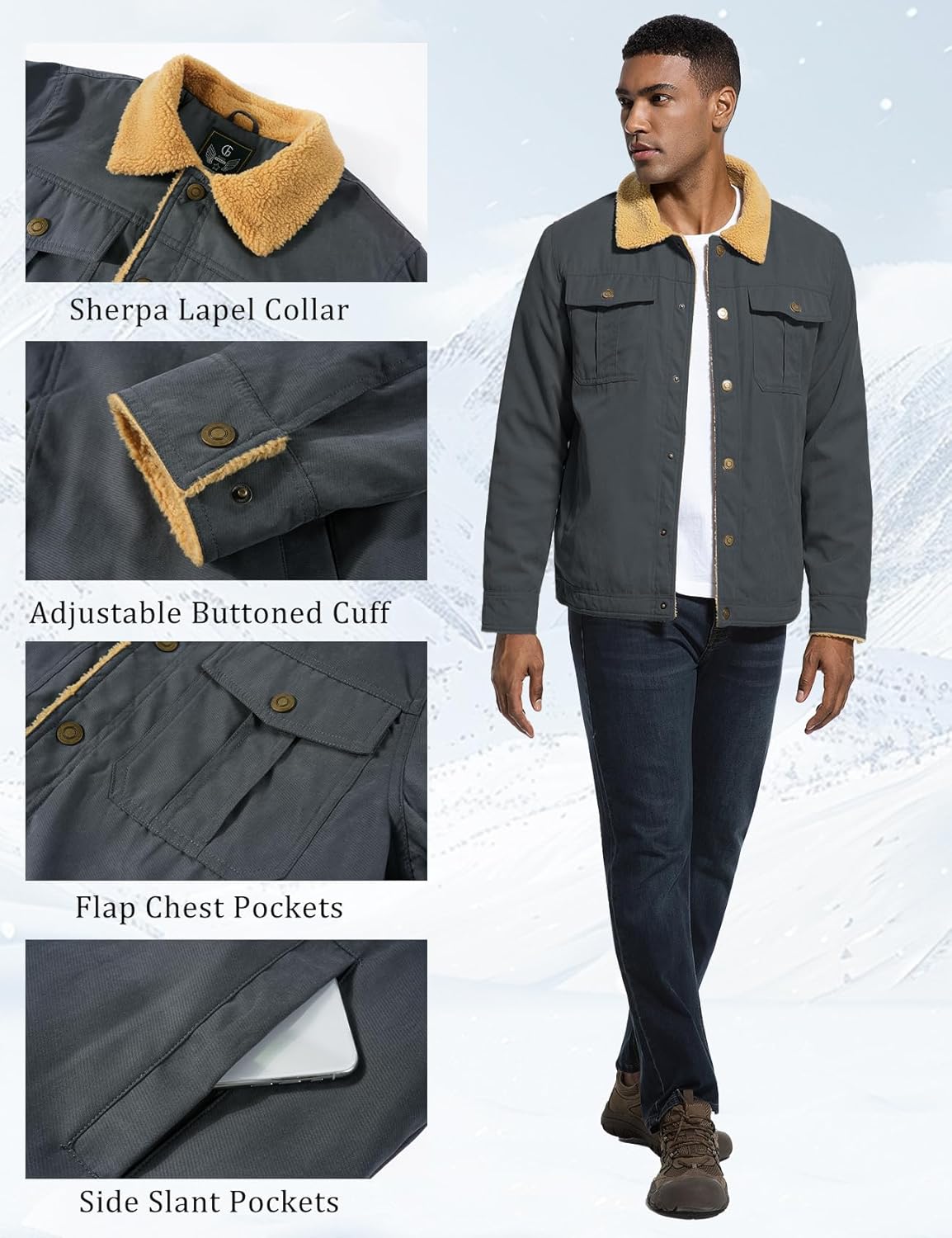 Flygo Men's Winter Jackets Sherpa Lined Fleece Trucker Jacket Thick Warm Lapel Work Cargo Coat Outerwear - Image 6
