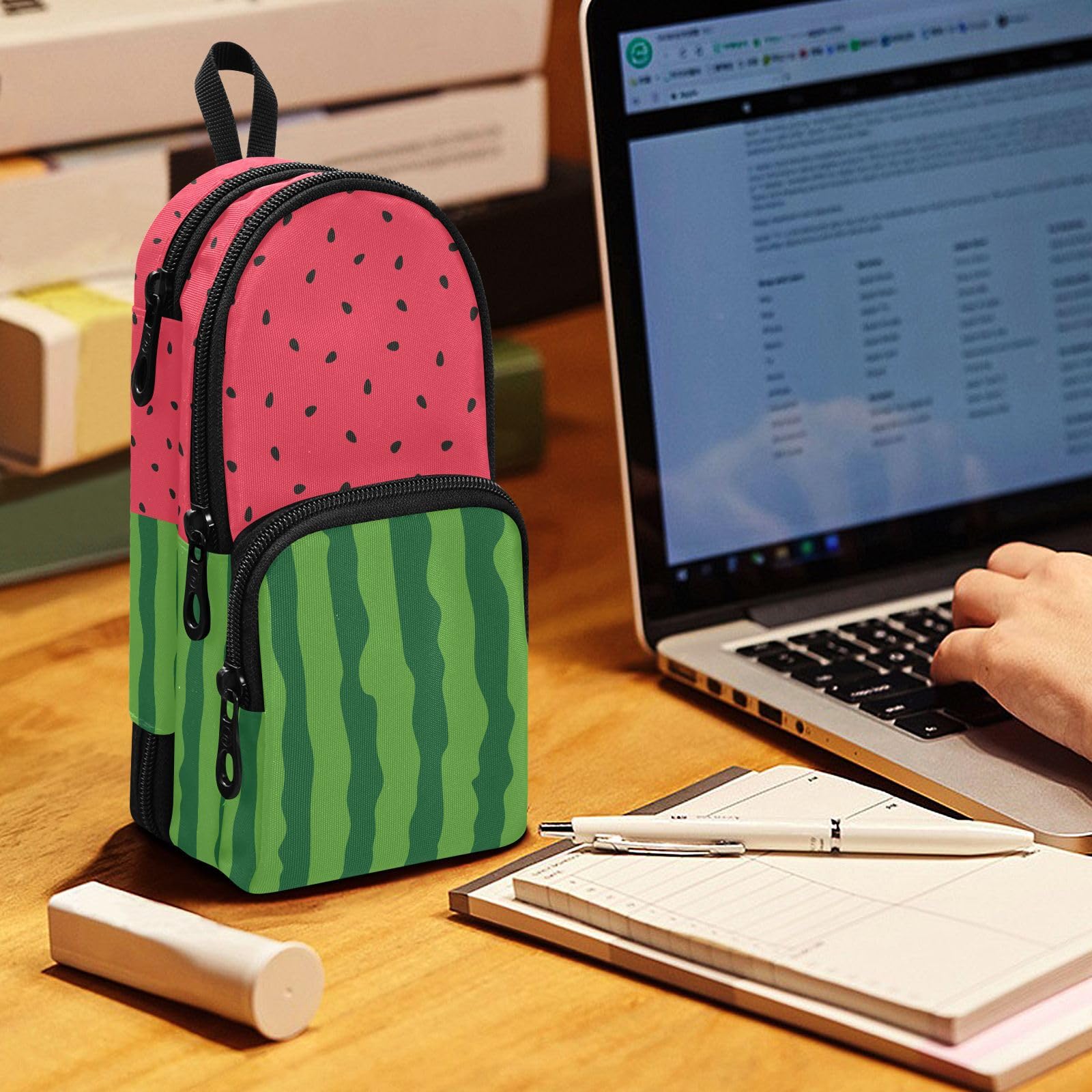 Estuche para lápices para niñas adolescentes, sandía, frutas, suministros de papelería portátil con asa y bucle con cremallera