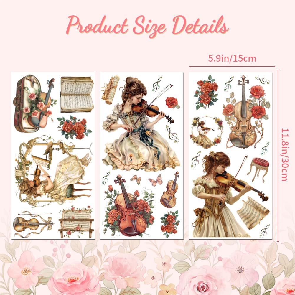 Peacoblue Baroque Rub on Transfers for Crafts 3Pcs Violin Female with Flower 15cmx30cm - Image 2