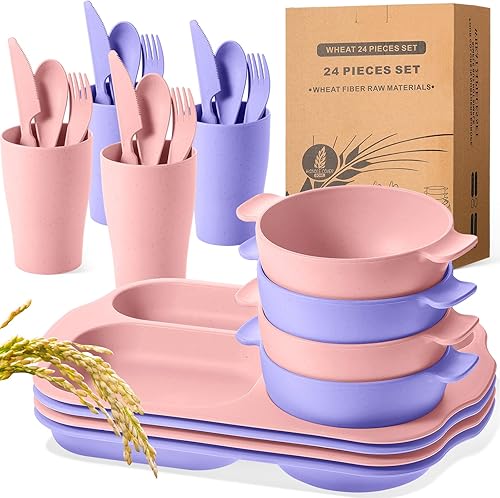 Miniatura 8 de Honoson Juego de 24 cubiertos de paja de trigo, incluye platos divididos para niños pequeños, aptos para microondas y lavavajillas, vajilla