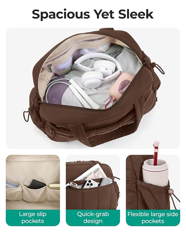 BAGSMART Gym Bag for Women, Duffle Bag for Travel with Wet Pocket, Lightweight Carry on Weekender Duffel, Water Resistant, Chocolate by BAGSMART - Used condition - Image 3