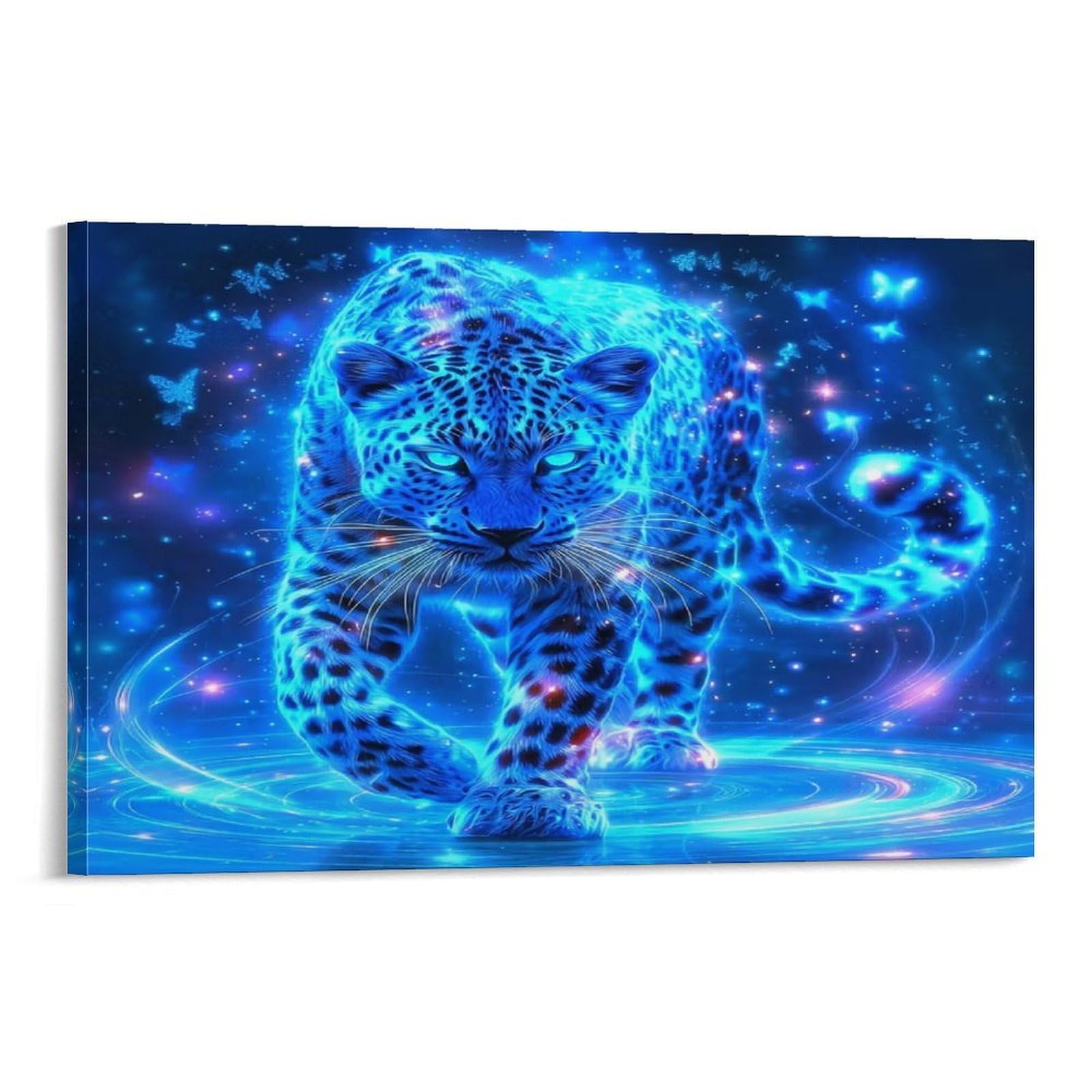 Snow Leopard Cub Reading Magical Book Individual Neon Blue Leopard Cosmic Sparkly Dark Space Wall Art Pieces - Office Canvas Print Fade Resistant Wall Focal Art Ready to Hang 20x30inch(50x75cm)