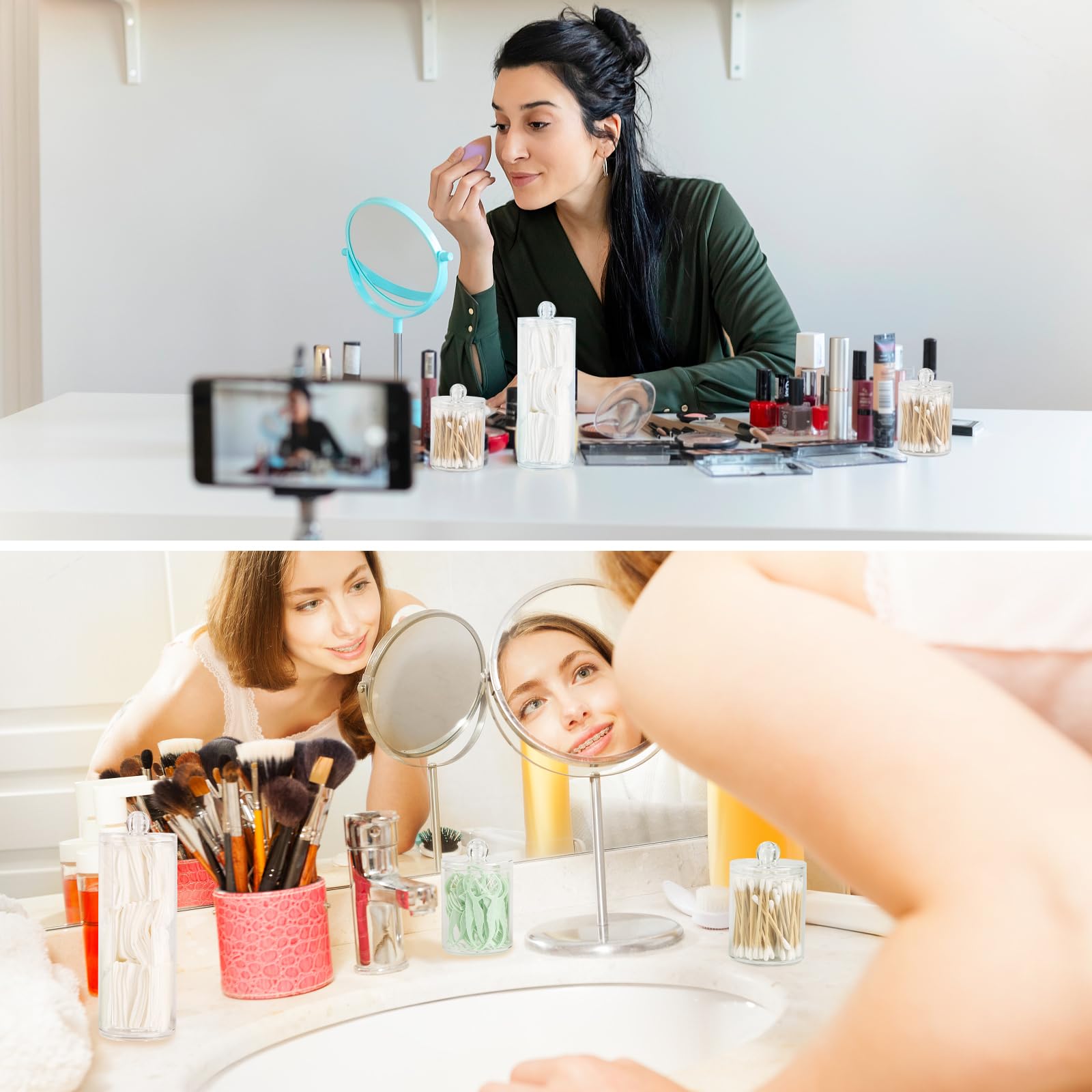 4 Contenitori Acrilici Per Cotton Fioc - Organizzatori Trasparenti Con Coperchio In Bambù - Foto 2