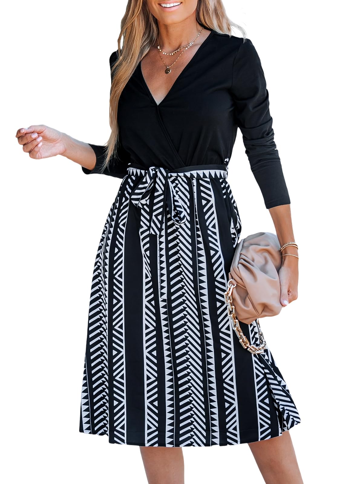 CUPSHE Women's Autumn Dress V Neck Long Sleeve Tie Belt A Line Leopard Print Party Dress Casual Dresses Midi Skater Dress