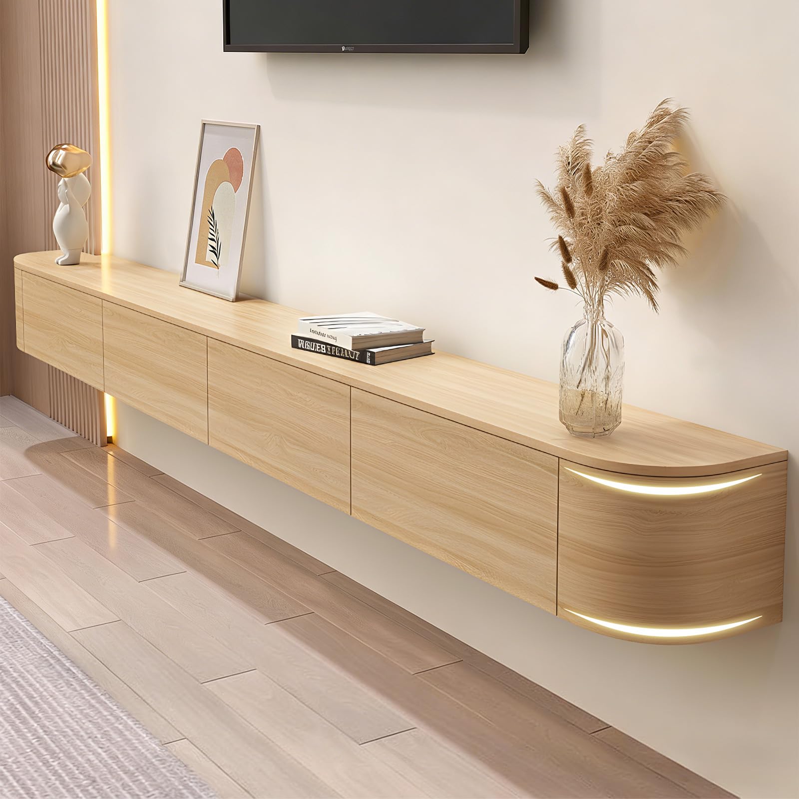 Quvex 110.2" Floating TV Stand Fully Assembled, Wall Mounted Entertainment Center Media Console Cabinet with Curved Edge, Floating TV Console Table