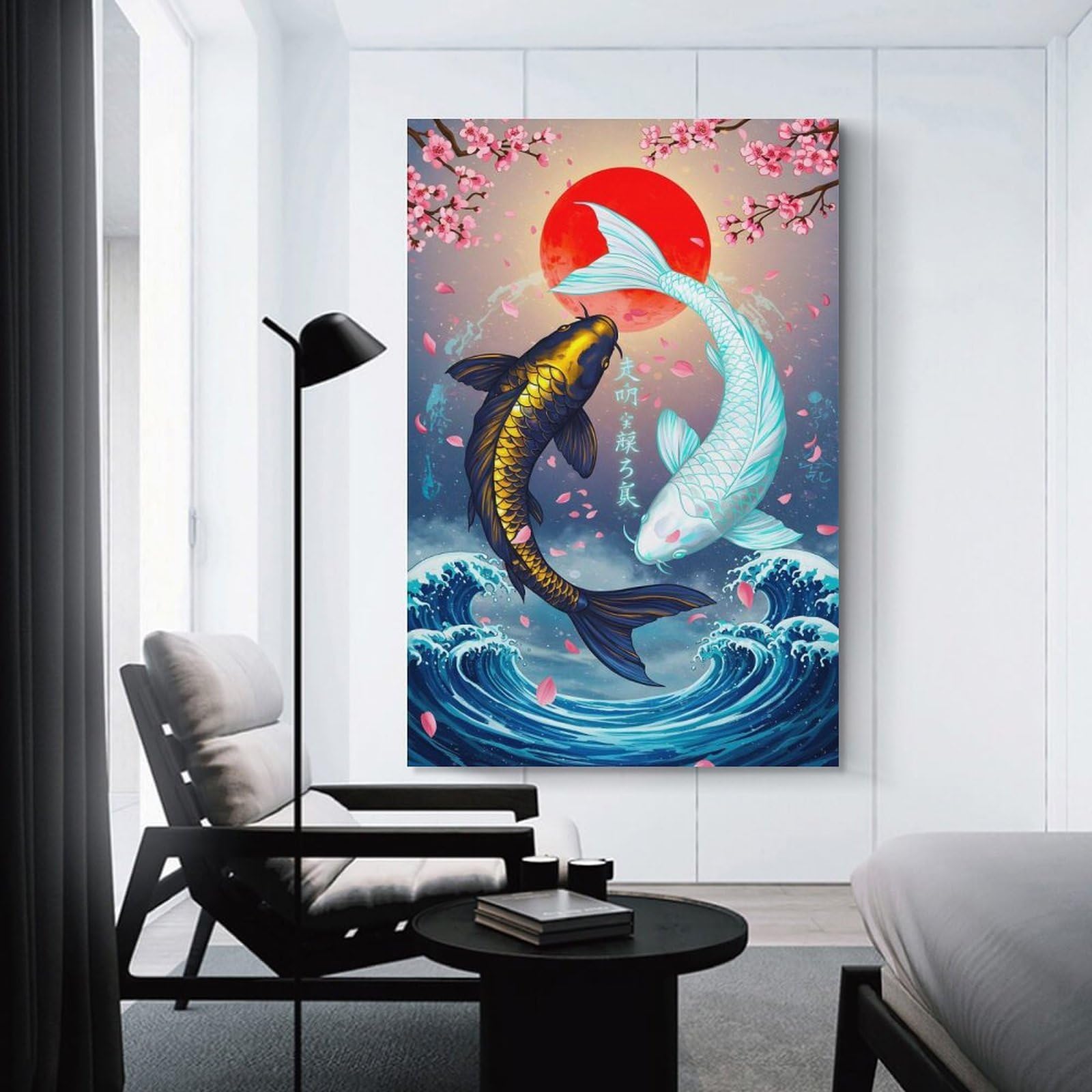 Junmoney Yin Yang Koi Fish Illustration Hanging Wall Art 24x36inch(60x90cm), for Restful Interiors, Bedrooms Or Small Rooms, Home Artwork with A Soft Interior Feel