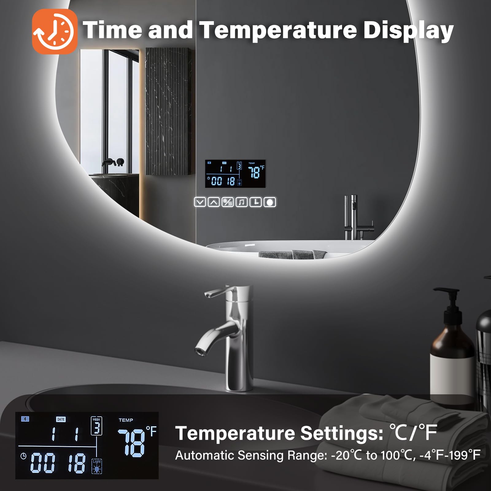 Miroir de salle de bain avec éclairage, LED, 45 x 60 cm, interrupteur tactile, intensité variable, 3 couleurs de lumière, anti-buée, fonction mémoire, haut-parleurs Bluetooth, protection contre
