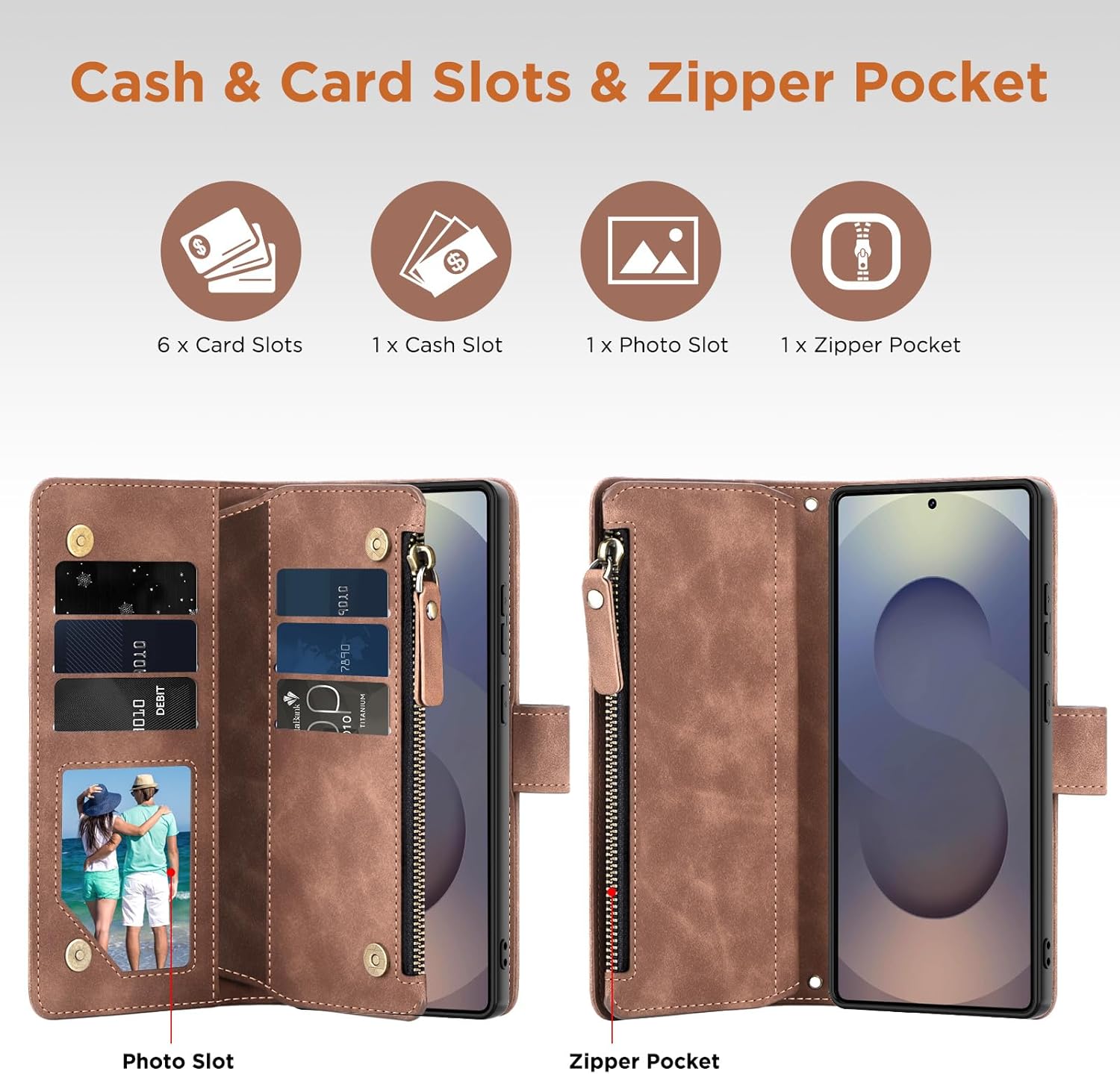 for Samsung Galaxy S25-Ultra-Wallet Case: with RFID Blocking Card Slots (6 Cards) | Soft PU Leather Magnetic Snap Zipper Pocket | Crossbody Wrist Strap Protective Phone Cover - Brown - Image 3