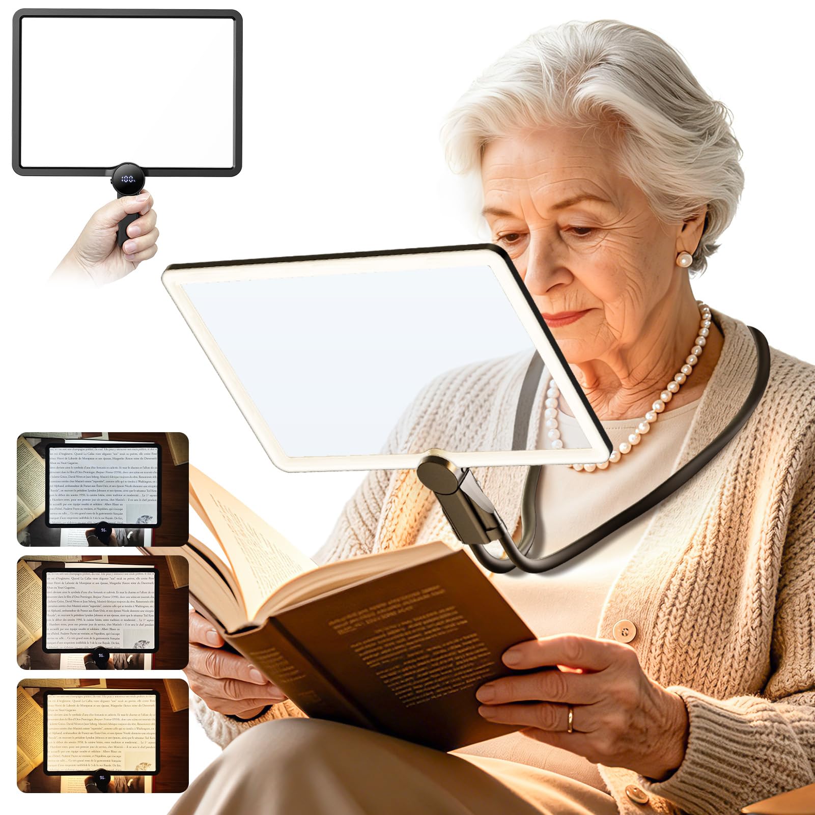 Magnifying Glass with Light for Reading, 23.5cm × 16.5cm Rechargeable 5X Full Page Book Magnifer Neck Wearable Hands Free & Handheld Large Lighted Desk Magnifying Glasses for Crafts Close Work