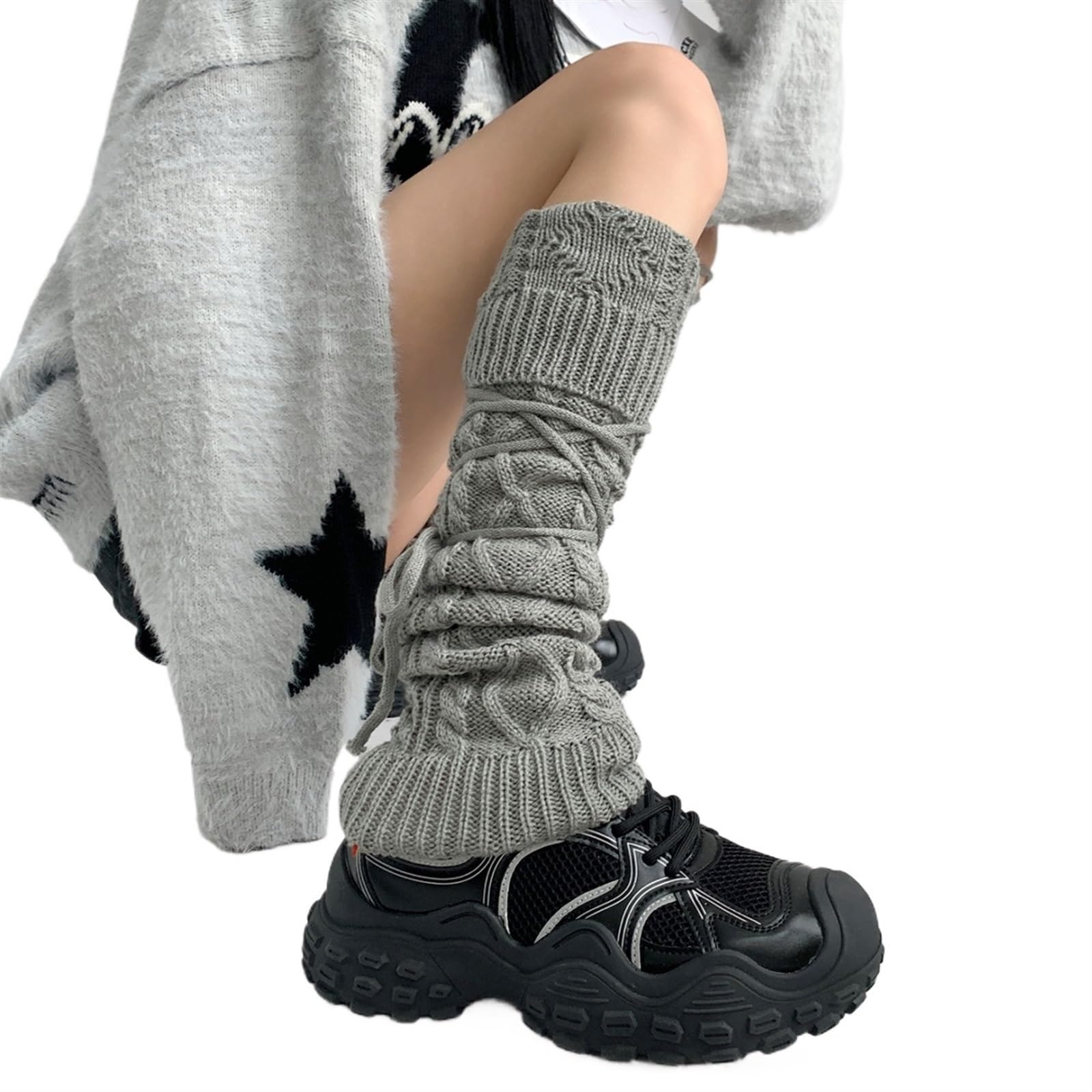 Calentadores Piernas Mujer Calcetines con Cordones Calentadores de piernas de Punto Calcetines de Pantorrilla Gruesos y cálidos de Invierno Cubrepiernas(Khaki)