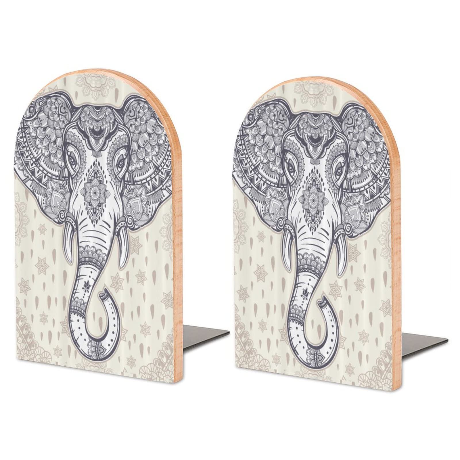 Bohemian Elephant Paisley Vintage Bookends Heavy Duty Book Stand 1 Pair for Home Office Shelves Decorative