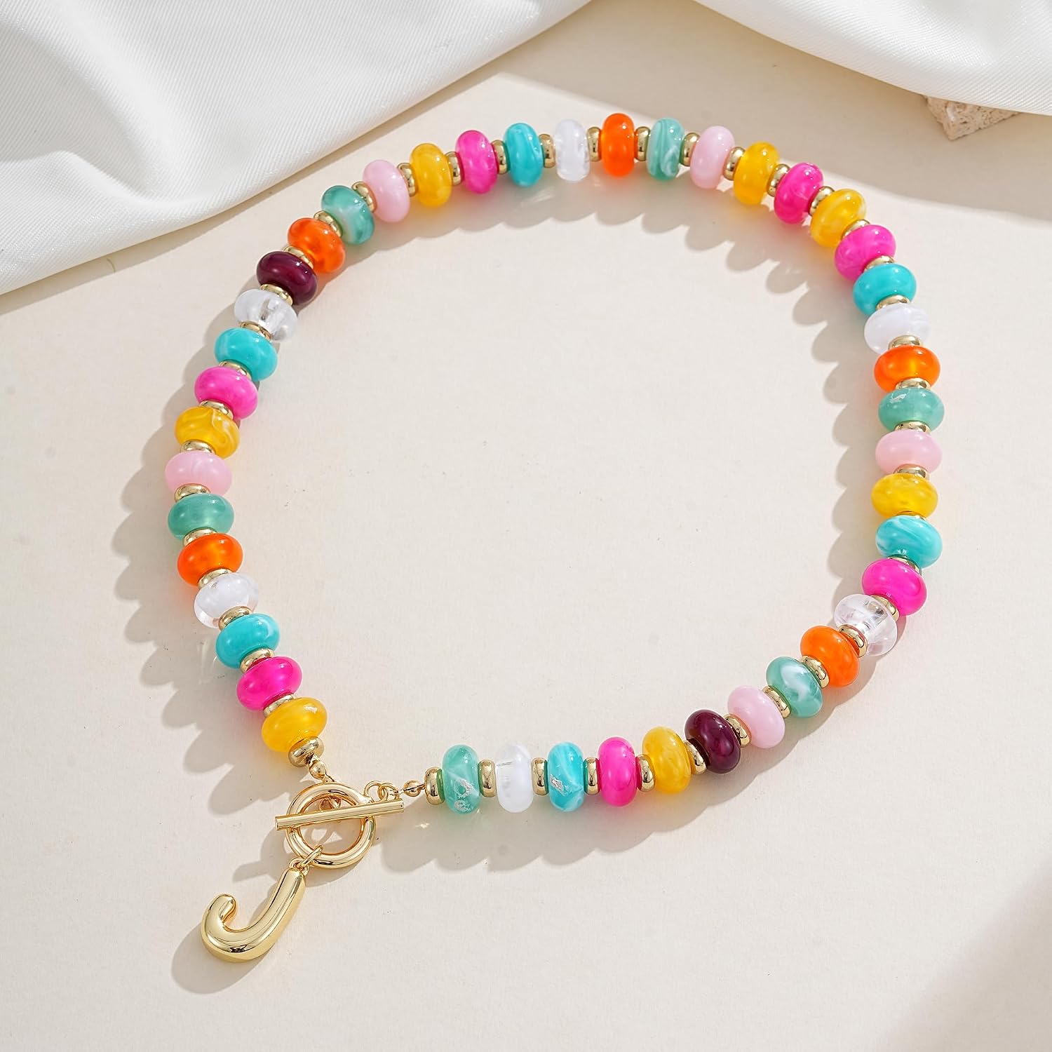 NIKOLUX Colorful Initial Necklaces for Women Chunky Resin Beaded Toggle Necklace 14K Gold Plated A-Z Bubble Letter Pendant Necklace Trendy Summer Beach Handmade Jewelry Gift