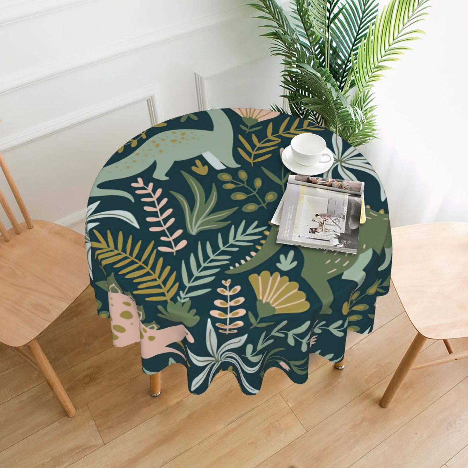 SDEGTHO Cute Dinosaur Print Modern Retro Round Tablecloth 60in Polyester Fabric Cover for Party Dining Table Washable