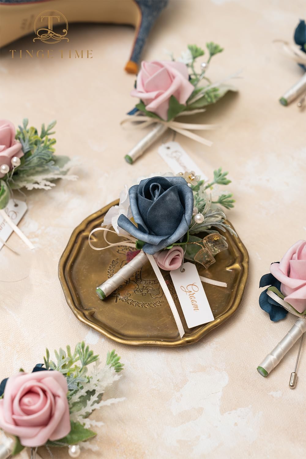 TINGE TIME Artificial Flower Boutonniere, Set of 10, Groom and Groomsmen Boutonniere for Wedding, Prom, Homecoming, Anniversary, Graduation (DustyRose&NavyBlue)