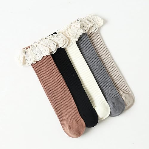 Miniatura 4 de Taous Assam Calcetines altos hasta la rodilla para bebés y niñas calcetines con volantes de encaje para niñas pequeñas