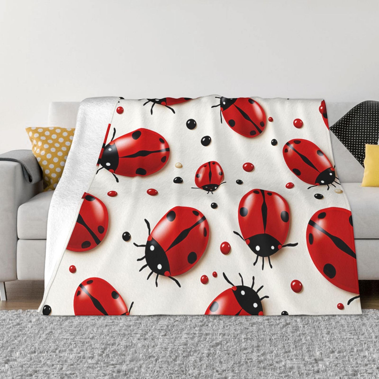 Fodpand Black Red Ladybug Flannel Blanket 80"X60" - Ultra-Soft Lightweight Throw Blanket For Bed, Sofa, And Couch - Luxury Air Conditioning Blankets - Cozy Warm Blankets For All Seasons