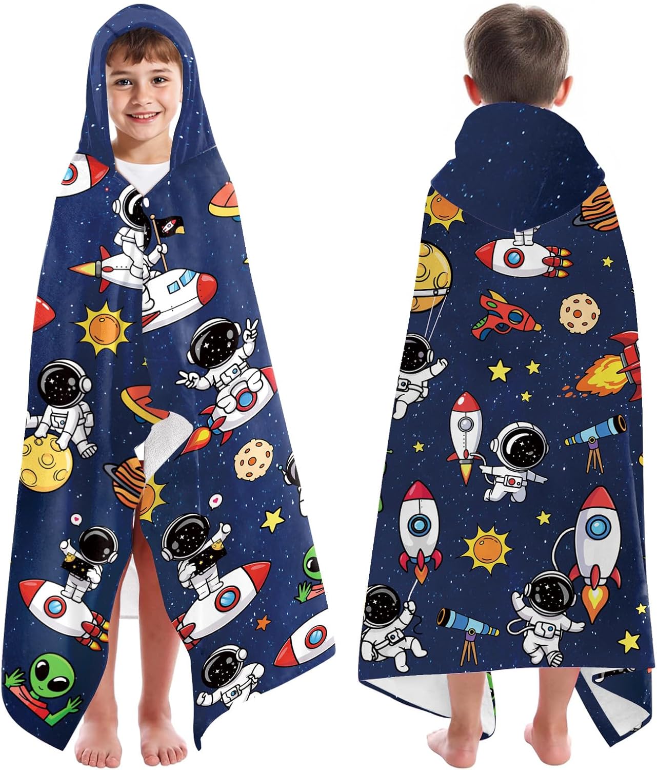 Space Hooded Kids Bath Towels - Space Hooded Towel for Kids, Soft Lightweight Kid Boys Bath Towel for Swim Beach Pool, Boys Towels with Hood, 50" x 30", Coral Fleece