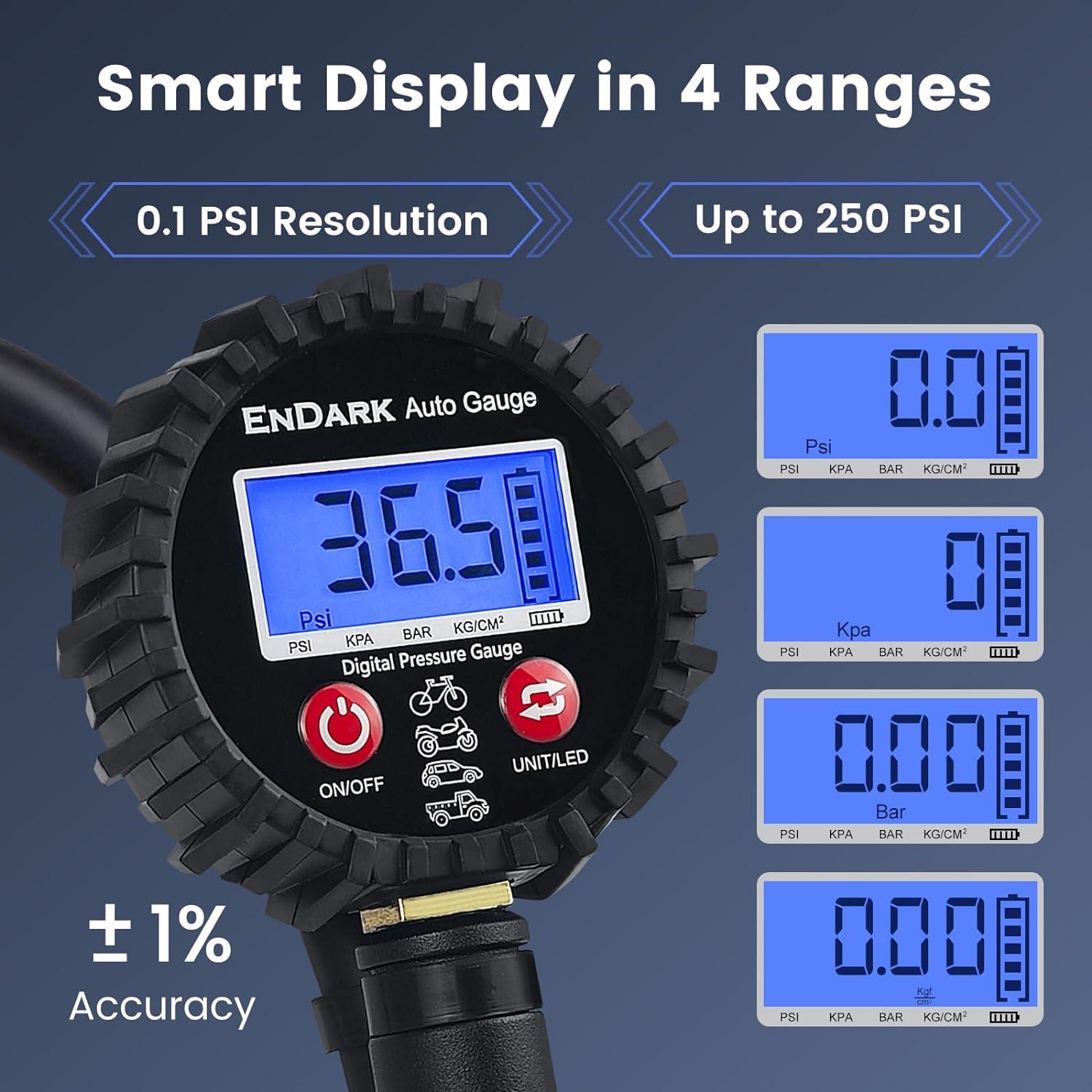 Digital Tire Pressure Gauge with Inflator: ENDARK 250 PSI Air Compressor Attachment Inflation Gun with Heavy Duty 360° Air Chuck & Extended Hose and Quick Connect Coupler with Carrying Case