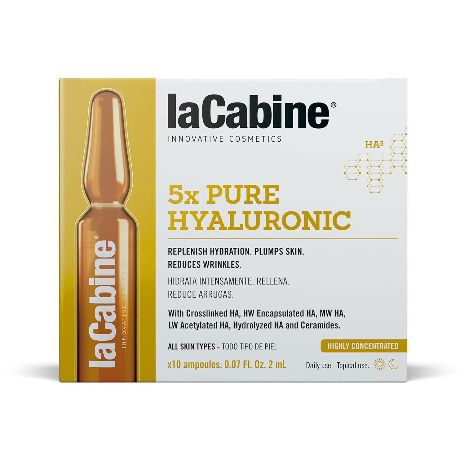 laCabine 5x Pure Hyaluronic Ampoule Serum for an anti-aging plumping effect with 5 Types of Hyaluronic Acid and Ceramides
