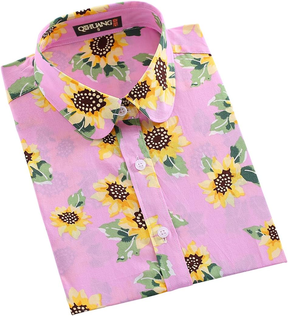 QIHUANG Women's Sunflower Printed Pastoralism Dress Shirt Long Sleeve Button Down Blouses (S, Pink)