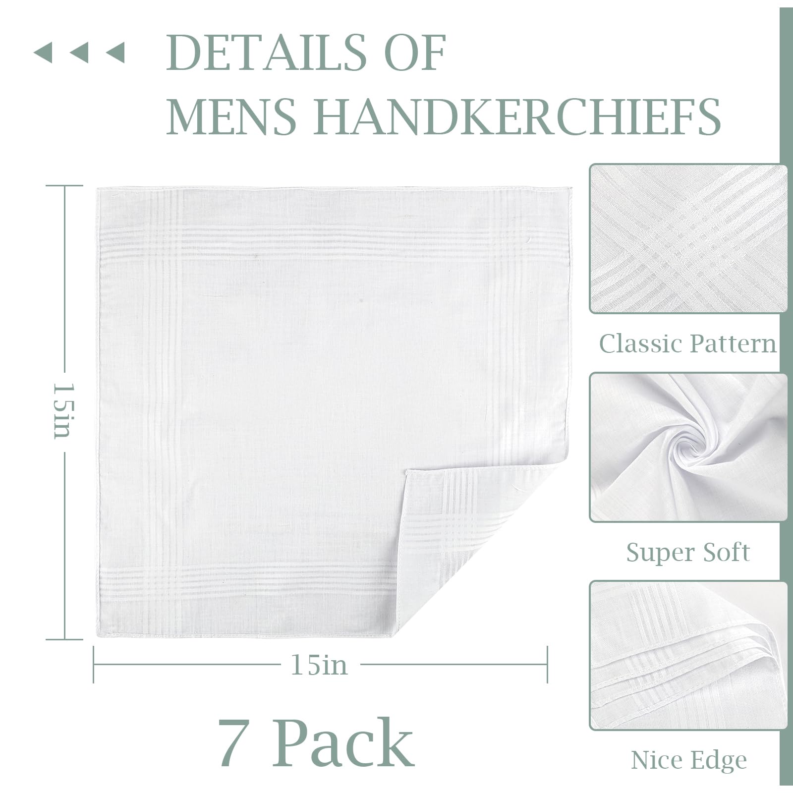PEASUG Handkerchiefs for Men, 7 Pcs 100% Soft Cotton men's handkerchiefs, White Classic Pocket Hankies