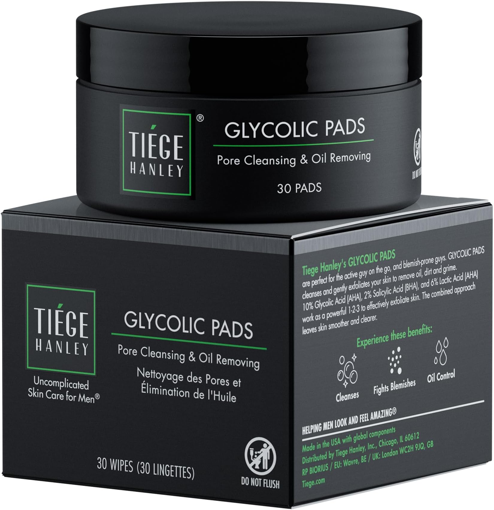 Tiege Hanley Glycolic Acid Pads for Men, 1-Pack - Exfoliating Face Cleansing Pads for Forehead, Nose & Cheeks - Men's Daily Skin Care Facial Wipes.18.5% Acid Complex (Glycolic, Salicylic & Lactic)