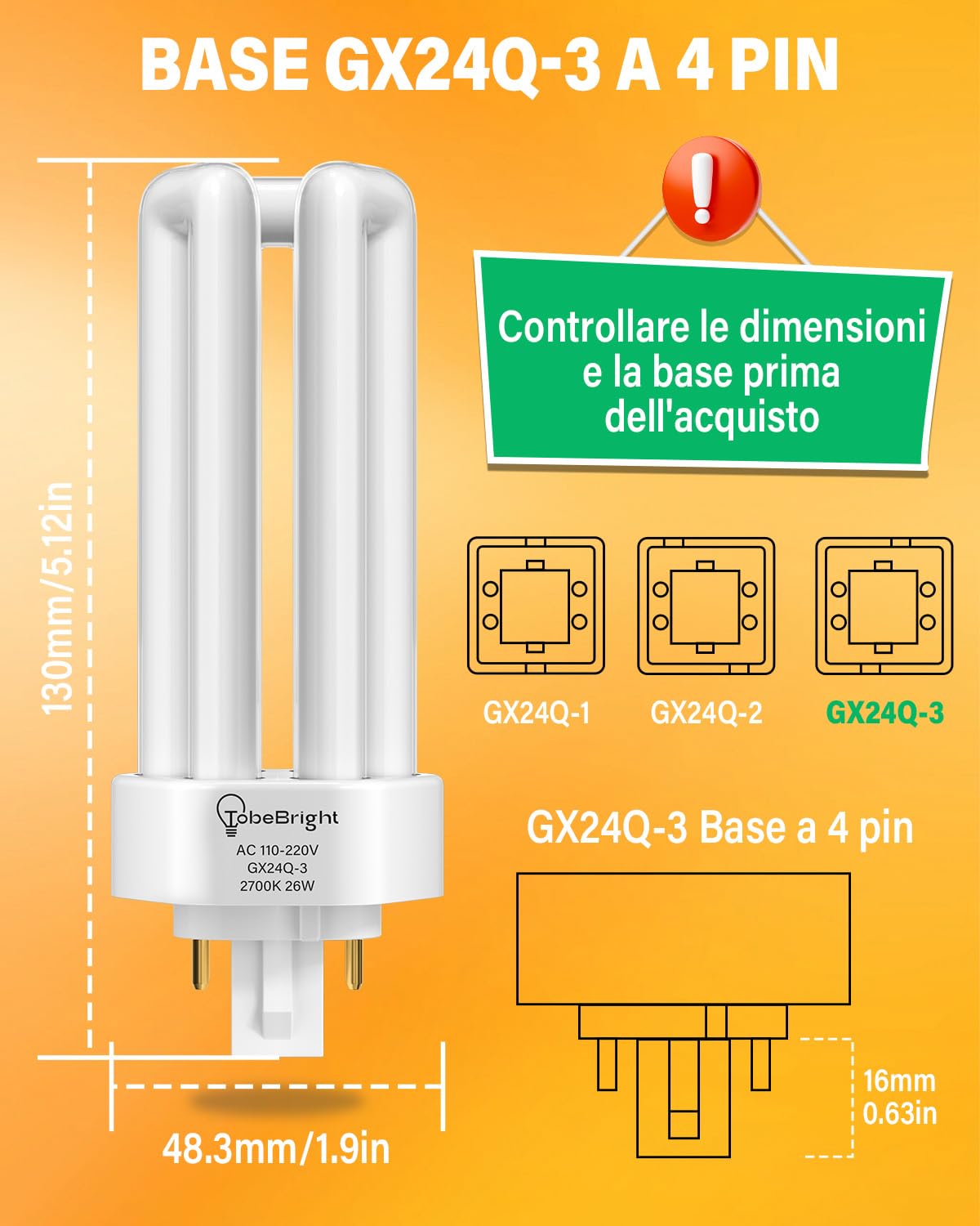 26W 4 Pin Lampadina Fluorescente Compatta Gx24Q-3 Base, Bianco Caldo 2700K 4 Pin Triple Tubo CFL PLT-26W 827 Plug in Lampadina CFL Risparmio Energetico per Ufficio Soggiorno Cucina, 10-pack