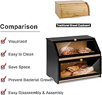 Vista 3 de HOMEKOKO Panera grande de doble capa para encimera de cocina, contenedor de almacenamiento de pan de madera de gran capacidad (negro)