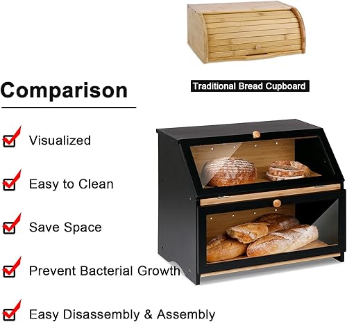 Miniatura 3 de HOMEKOKO Panera grande de doble capa para encimera de cocina, contenedor de almacenamiento de pan de madera de gran capacidad (negro) Negro