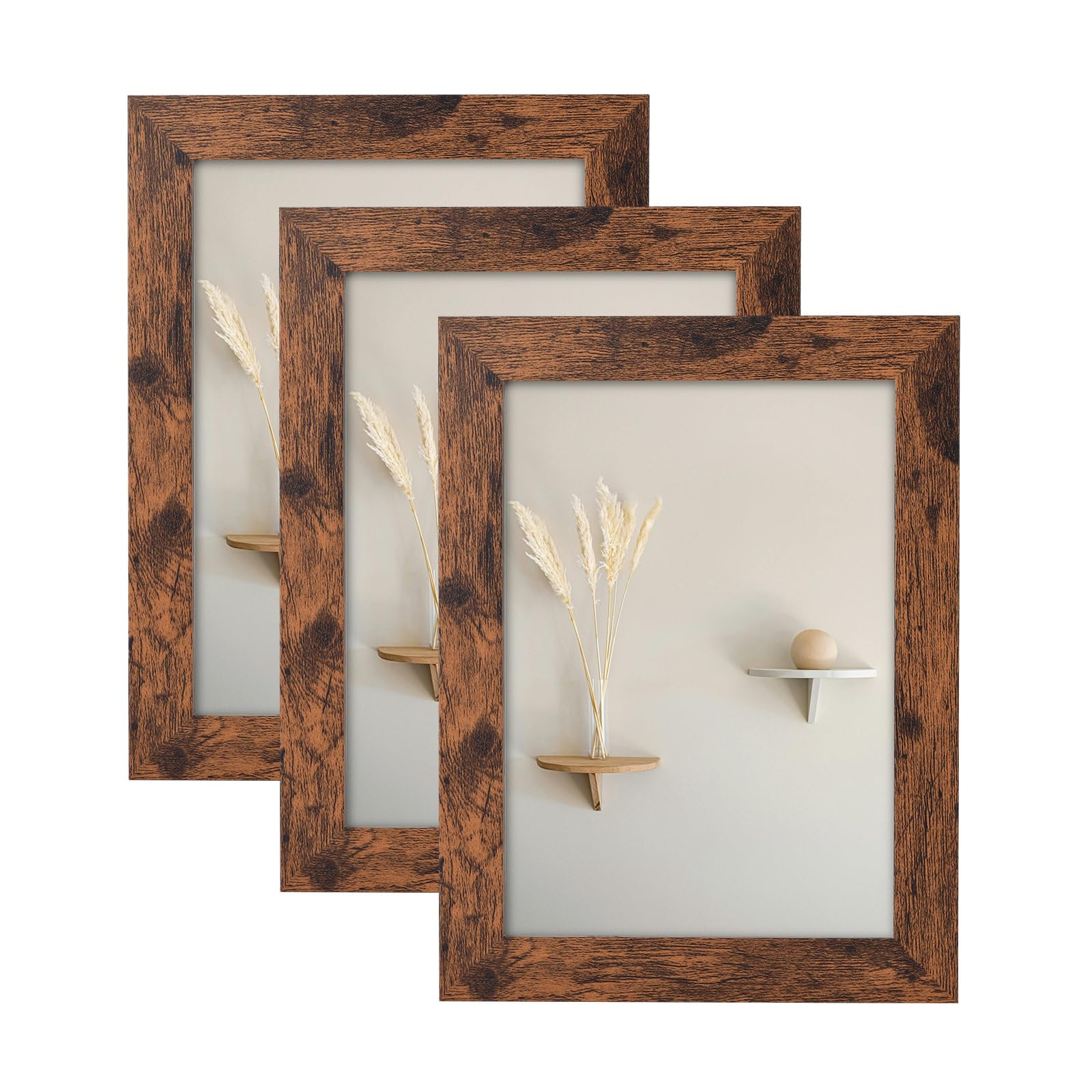 LYYYYX Wooden Picture Frame Rustic 10x8inch Brown Photo Frame matted for 7x5in and 6x4in Picture,with Perspex Set of 3 Certificate Freestanding and Wall Mountable