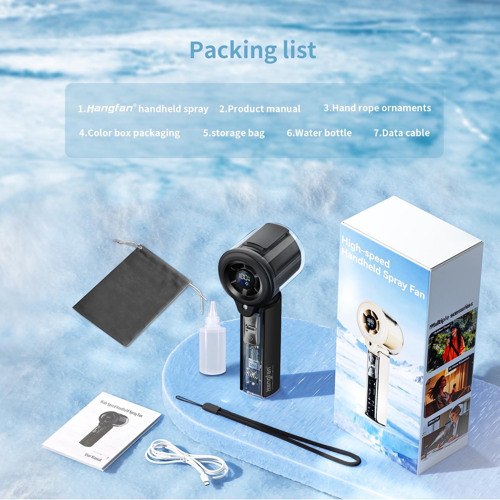 Ventilatore portatile a spruzzo portatile [tempo massimo di raffreddamento 19H], ventilatore spray ricaricabile USB da 3000 mAh, 100 ingranaggi regolabili, mini ventilatore, adatto per viaggi