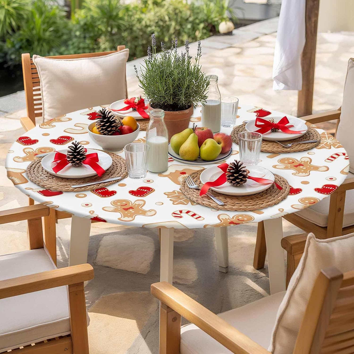 Christmas Gingerbread Round Fitted Tablecloth, Socks Glove Snowflake Candy Canes Winter Waterproof Table Cloth Table Cover with Elastic Edged for Outdoor Picnic Parties, Fits Tables up to 45" - 54"