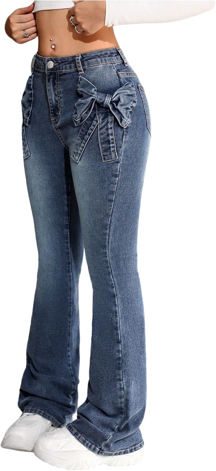 Floerns Girl's Cute Bow Flare Leg Jeans Stretchy Retro Bell Bottom Denim Pants