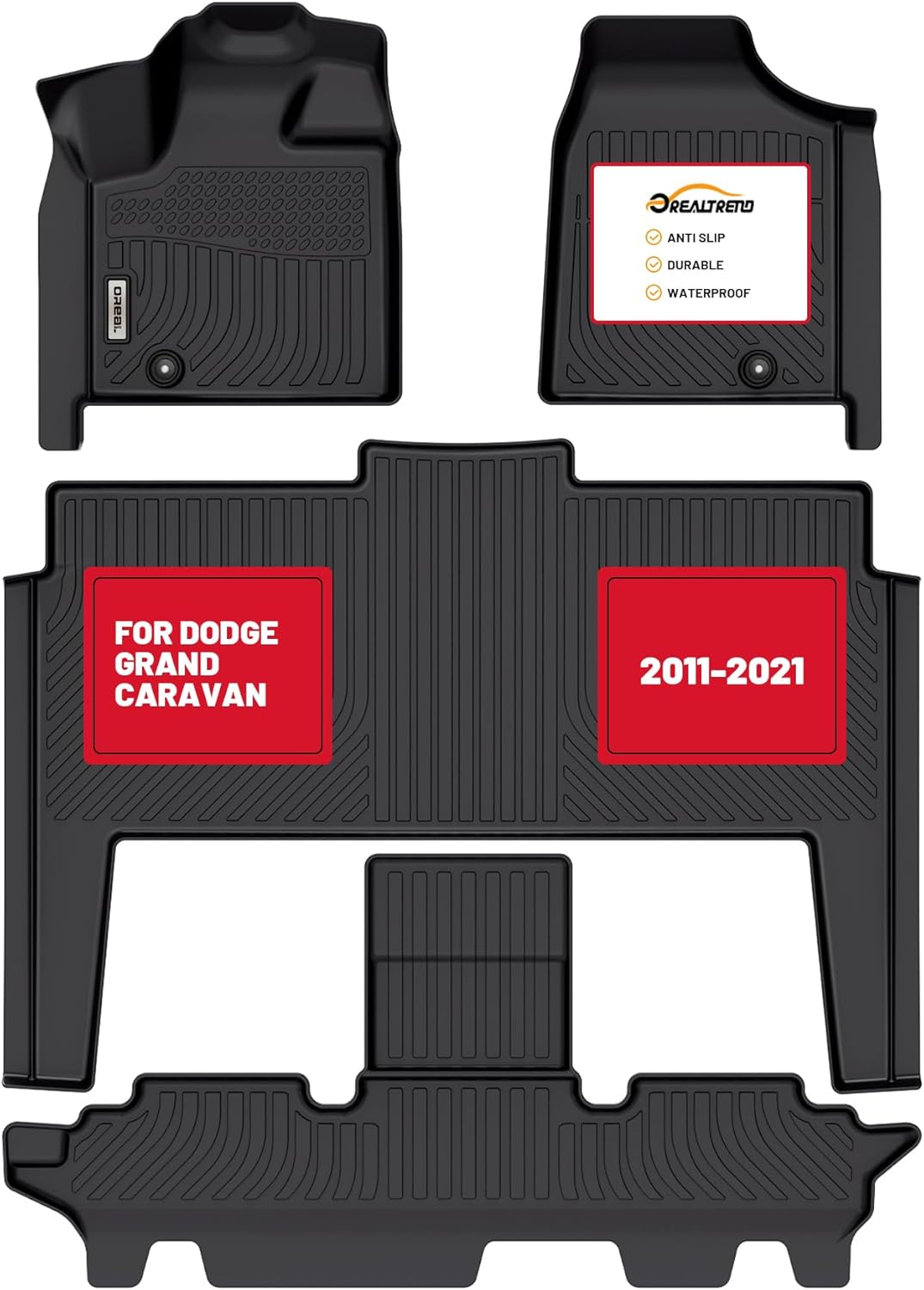 orealtrend Car Floor Mats Liners Replacement for Dodge Grand Caravan 7 Seats 2011-2021 Heavy Duty All Weather Guard Front & Rear Carpet-Custom Fit-Tough/Durable/Odorless Black Interior Accessories