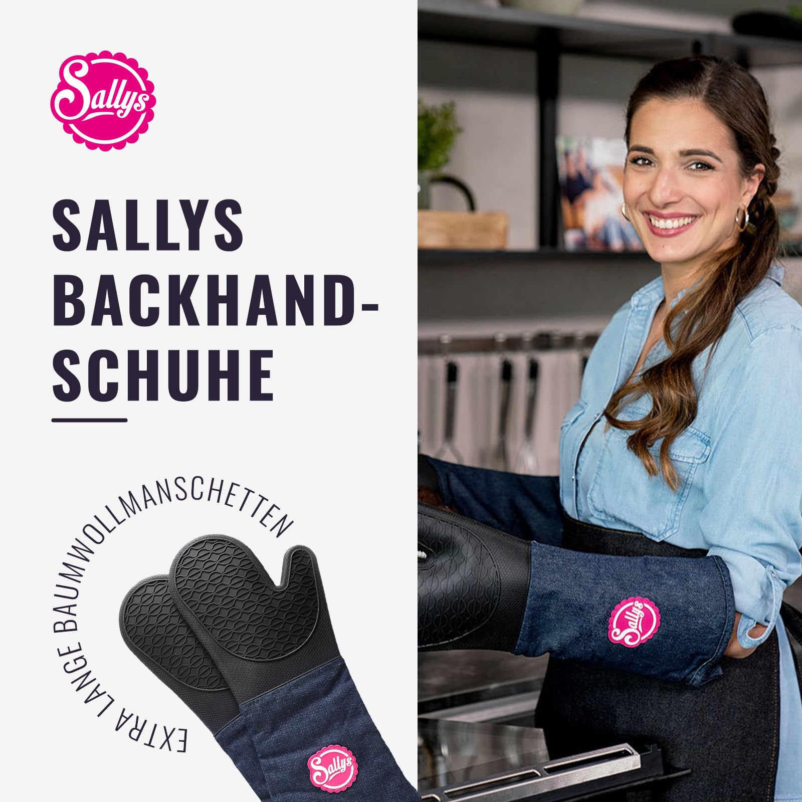 Sallys Backhandschuhe - 1 Paar aus Silikon mit Extra Langen Baumwollmanschetten - Wasserdicht & Hitzebeständig bis 230 Grad - Für Rechts- & Linkshänder