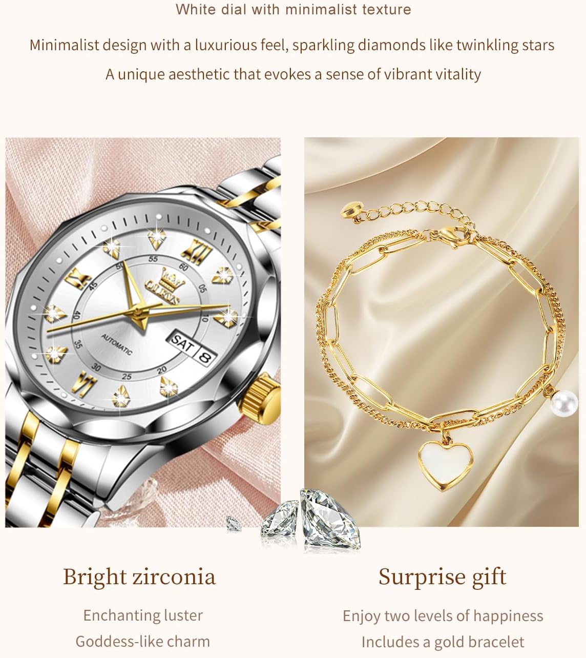 OLEVS Womens Watches Casual Modern Diamond Automatic Mechanical Ladies Self Winding Dress Two Tone Wrist Watch Date Day - Image 3