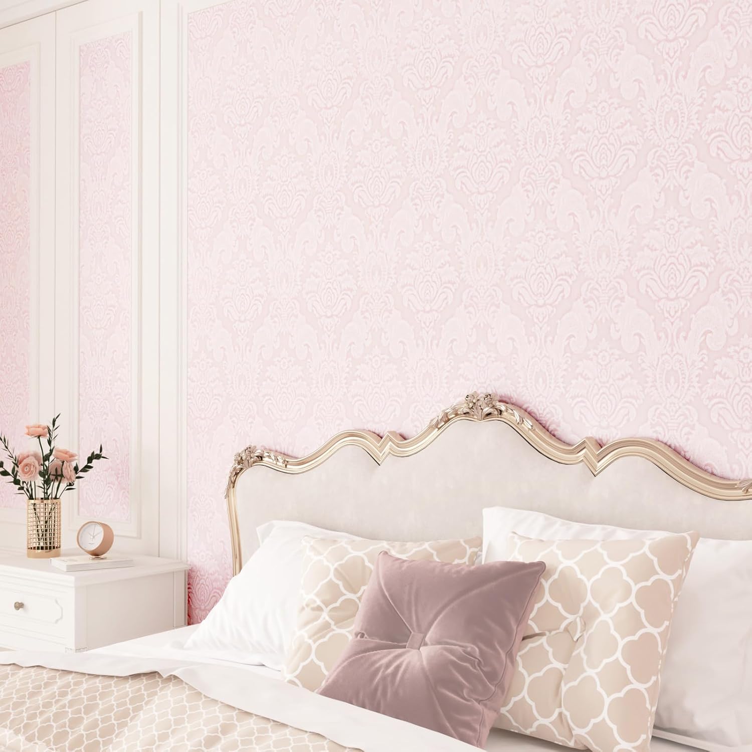 Pink Embossed Wallpaper Victorian Peel and Stick Wallpaper for Girls Room Gothic Wallpapers Princess Contact Ppaper for Cabinets and Drawers Vintage Textured Wall Paper Roll for Bedroom