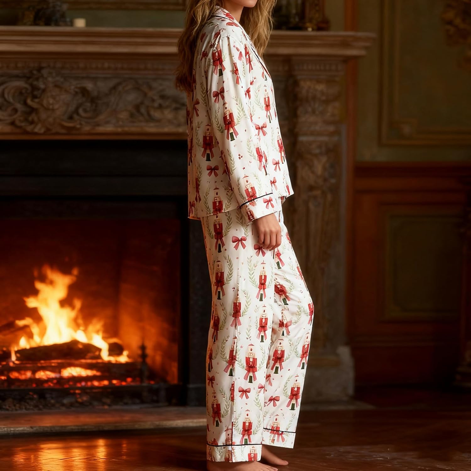 Women Christmas Pajama Set Satin Silk Sleepwear Print Long Sleeve Button Shirt Tops with Trousers 2 Piece Loungewear - Image 6