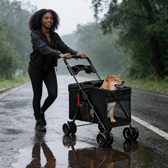 Foldable Stroller for Dogs and Cats Storage Basket Cup Holder 300D Oxford Fabric Waterproof 4 Wheels Animals Travel Stroller for Dogs C 95 x 75 x 49 cm - Black