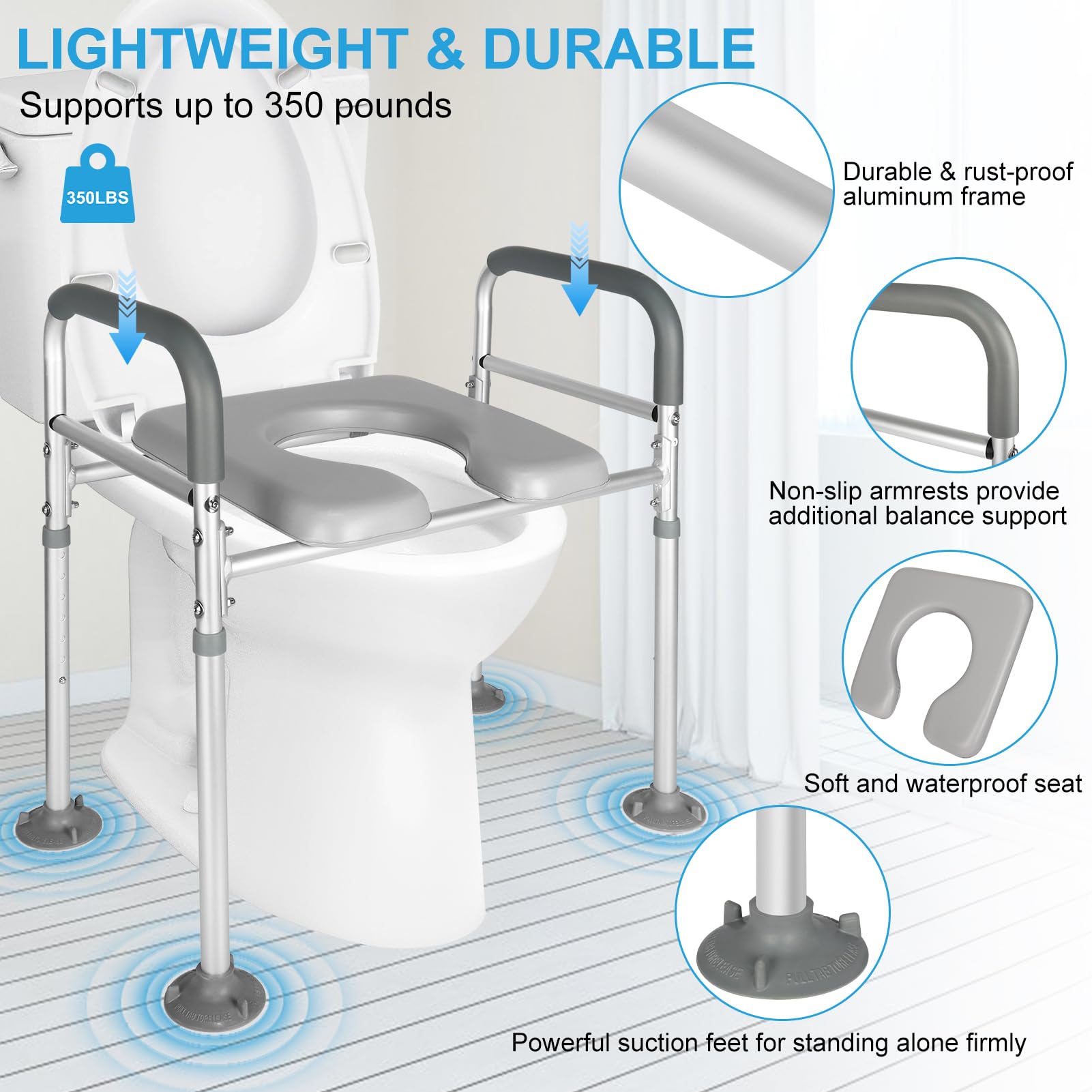 Raised Toilet Seat with Handle, 350lbs 7 Adjustable Height Elevated Toilet Seat Riser with Cozy Padded, Toilet Safety Frame Toilet Helper for Seniors, Handicap, Pregnant, Fit Any Toilet