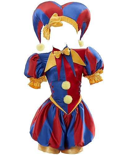 Cosplay.fm Women's Clown Costume Carnival Outfit Jumpsuit and Hat with Gloves and Socks Halloween Costume for Adult Women - Small - Red and Blue