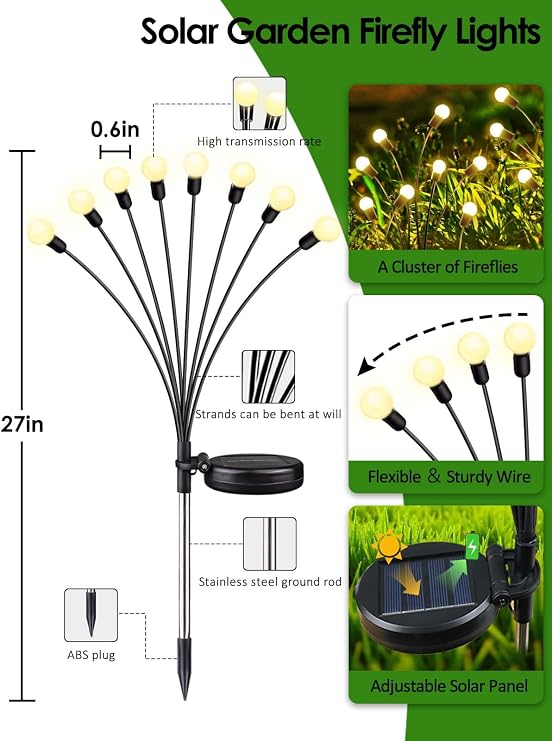 4 Pack Solar Garden Lights, 32 LED Firefly Lights Solar Outdoor Waterproof | 2 Lighting Modes, Sway with Wind, Solar lights Outdoor for Garden Yard Patio Pathway Holiday Decorations, Warm White