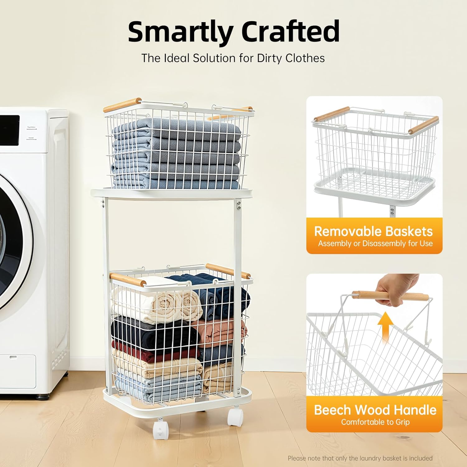 2 Tiers Laundry Basket with Wheels, Rolling Laundry Sorter Baskets Removable Wire Laundry Basket Shelf Stackable Laundry Baskets Laundry Basket Holder Vertical Laundry Sorter for Bedroom